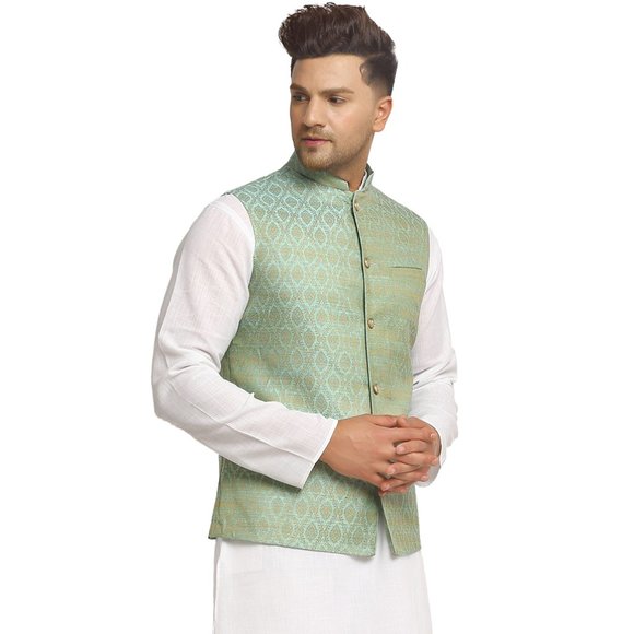 Sleeveless Traditional Brocade Silk Turquoise Green Nehru Jacket by Treemoda - Picture 2 of 5